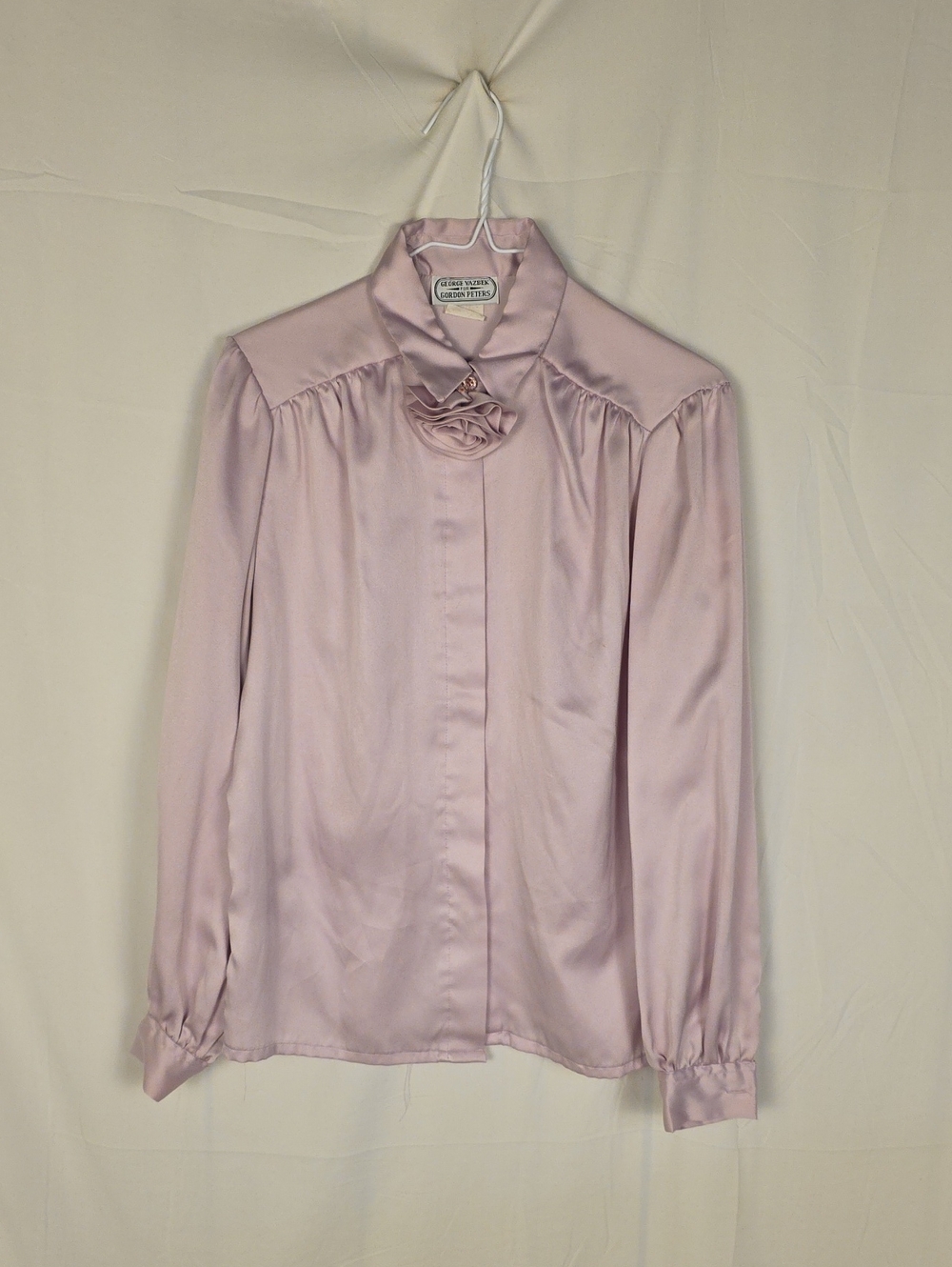 Vintage Gordon Peters Pale Pink Satin Blouse with Rosette Collar